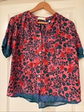 Natalie Martin Pink Floral Button-Down Blouse with Green Accents